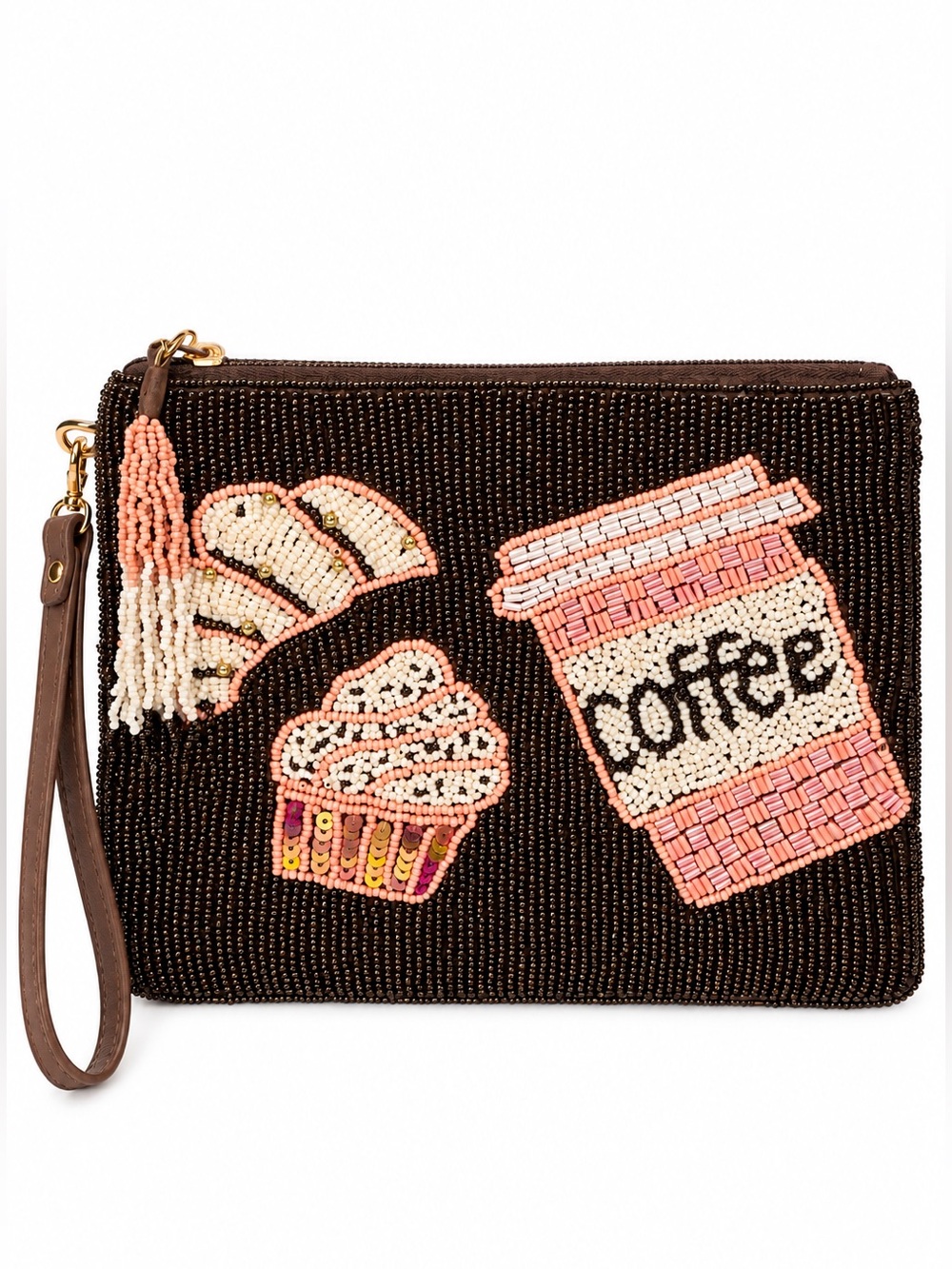 NWT Sincerely Jules Beaded Coffee Croissant Cupcake Wristlet Clutch Brown